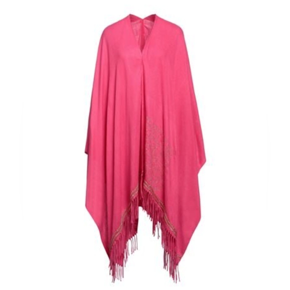 Hot pink poly fringed pashmina 133" x 133" ,33" from neck opening to hem - Picture 1 of 6